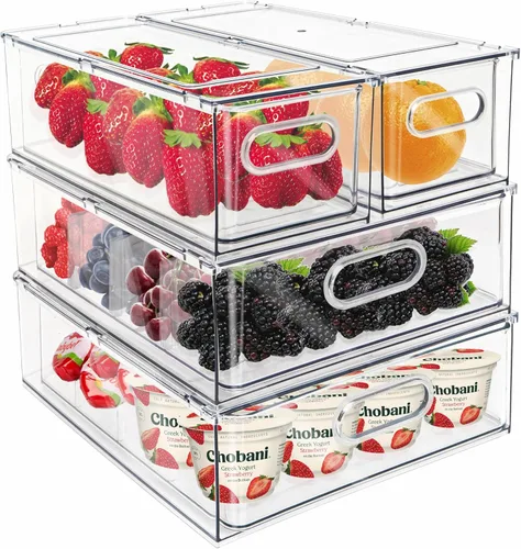 Miniatura 12 de Mano Paquete de 3 contenedores apilables extraíbles para nevera con asa, organizador transparente para almacenamiento de alimentos, caja
