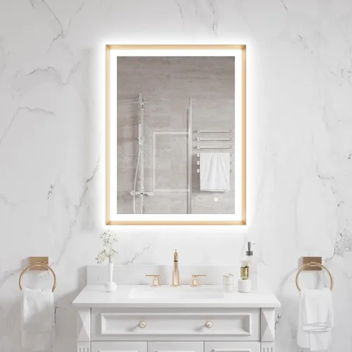 WELLFOR Espejo de baño LED de 28 x 36 pulgadas, espejo de tocador de baño con luz, espejo de pared de baño, espejo de baño iluminado, montaje