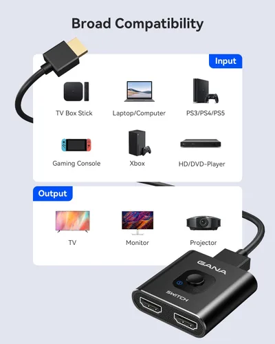 Miniatura 5 de GANA - Conmutador HDMI aluminio bidireccional, con capacidad de 4K a 60 hercios y salida divisora de 2 en 1, hub HDMI 3D apto para Xbox, PS5/4/3