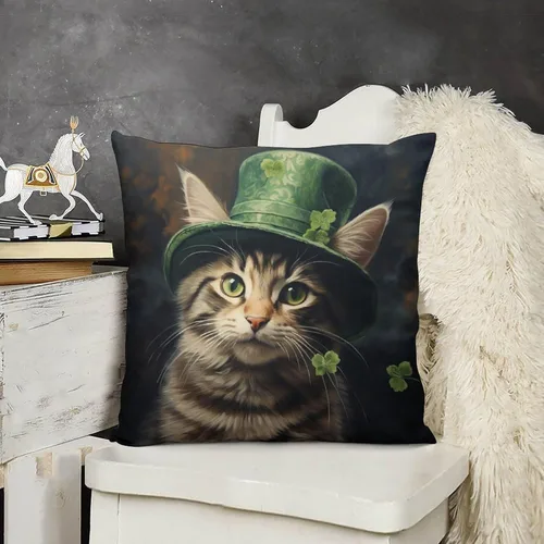 Miniatura 16 de Fundas de almohada de granja con diseño de feliz día de San Patricio con un gato en un sombrero de trébol, fundas de almohada de terciopelo