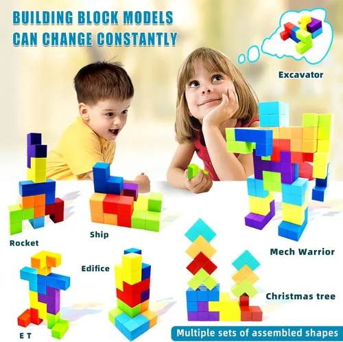 Miniatura 3 de Bloques de construcción magnéticos, cubos magnéticos 3D para rompecabezas, juego de 7 bloques magnéticos de múltiples formas con 54 tarjetas guía