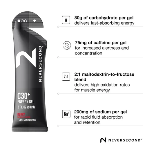Miniatura 3 de Neversecond Gel energético C30+ + cafeína, nutrición e hidratación de rendimiento, Never2 Gel energético para ultra triatlones, ciclismo y maratones