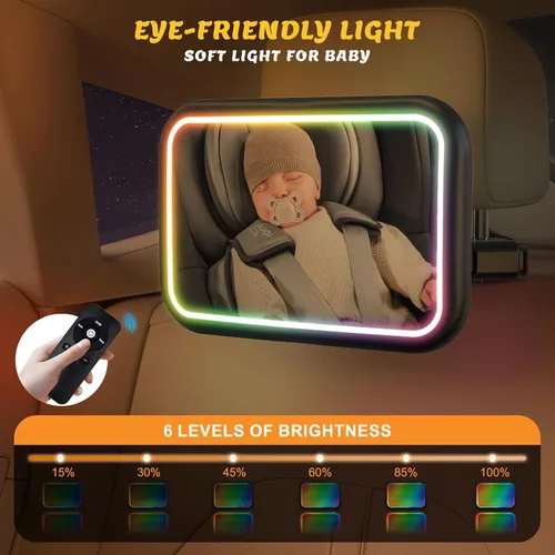Miniatura 3 de Espejo de coche para bebé con luz, 7 luces RGB orientadas hacia atrás, espejo de asiento de coche de bebé con control remoto recargable de rotación