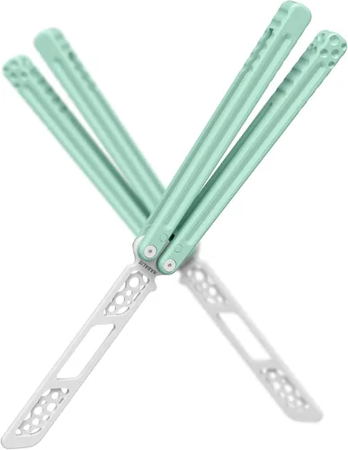 Miniatura 9 de Nabalis Cuchillo de mariposa de queso Balisong Trainer, aluminio 7075, material de hoja 420C, recubierto de teflón, entrenador de metal público