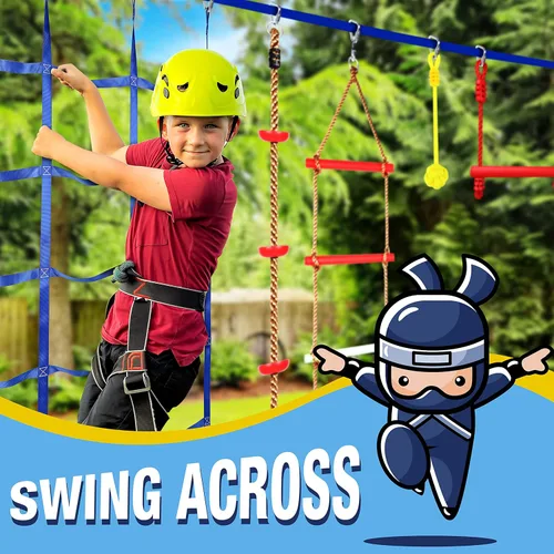 Miniatura 3 de SereneLife Ninja Warrior Slack Line Carrera de obstáculos de 50 pies con 18 accesorios de escalada de árboles de gimnasio en la selva, juego