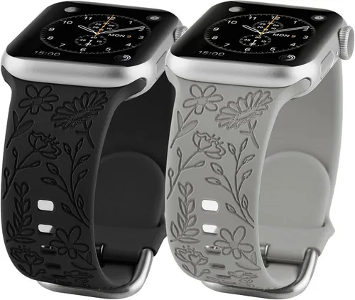 Paquete de 2 correas deportivas grabadas con flores compatibles con correas de Apple Watch de 1.496 pulgadas, 1.575 pulgadas, 1.614 pulgadas,