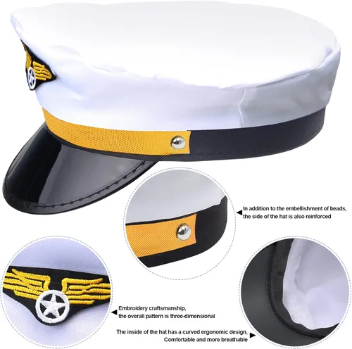 Miniatura 2 de Paquete de 4 gorras de capitán piloto, aviador, aviador, azul marino, para hombres y mujeres, color blanco