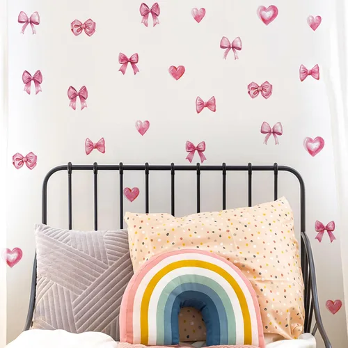 Miniatura 9 de Arawat 48 piezas de decoración de moño rosa para baño y dormitorio, calcomanías de pared de lazo y calcomanías para decoración de habitación