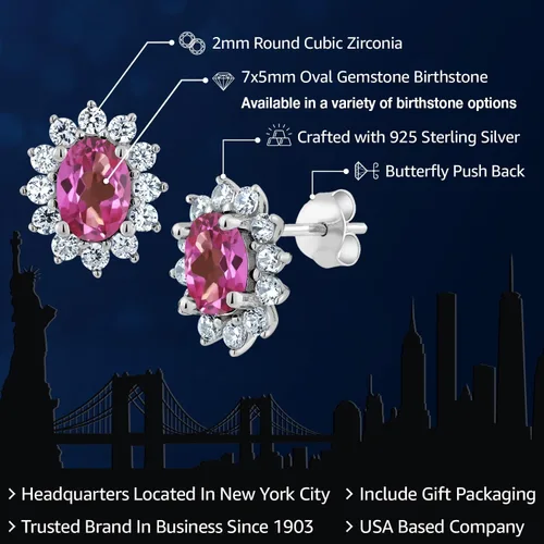 Miniatura 38 de Gem Stone King Aretes ovalados de plata de ley 925 de 0.276 x 0.197 in con piedra natal de la princesa Diana, estilo halo real para mujeres