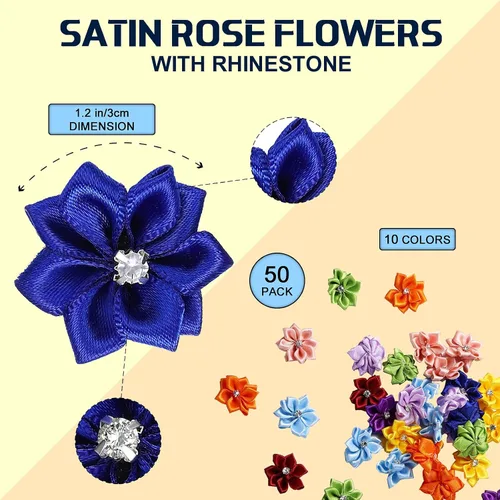 Miniatura 2 de 50 lazos de satén de flores de 1.18 pulgadas, apliques de costura de flores de margarita, adornos de boda, decoración de manualidades, corona