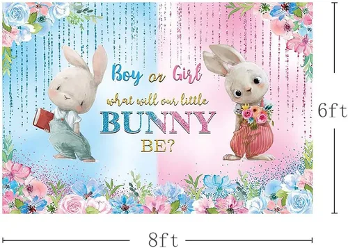 Miniatura 3 de MEHOFOND Telón de fondo de primavera de conejo de Pascua para revelación de género para niño o niña, con texto en inglés "What Will Our Little Bunny