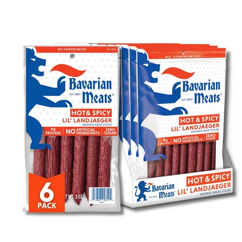 Miniatura 12 de Bavarian Meats Lil' Landjaeger - Palitos de carne, aperitivos de salchicha ahumada envueltos individualmente, cero azúcar, gran fuente de proteínas