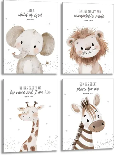 Miniatura 8 de 4 piezas de lienzo de animales con versículos bíblicos para guardería, arte de pared divertido y lindo de animales de safari, pintura cristiana