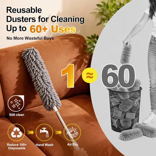 Miniatura 4 de Tiumso Kit de plumero de microfibra 5 en 1, plumeros para limpieza, plumero con poste de extensión de 100 pulgadas, plumero de telaraña, plumeros