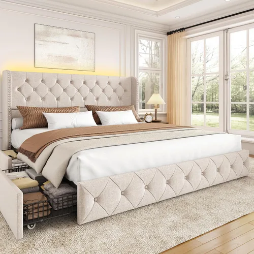 Miniatura 18 de BRELTAM Marco de Cama Tamaño Queen con Cajones de Almacenamiento y Cabecero Wingback Tapizado en Terciopelo Marco de Cama Plataforma Camas Blanco
