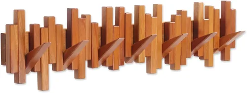 Perchero de madera para colgar en la pared, varios estantes sólidos hechos a mano de madera de cerezo natural con 7 ganchos modernos abatibles