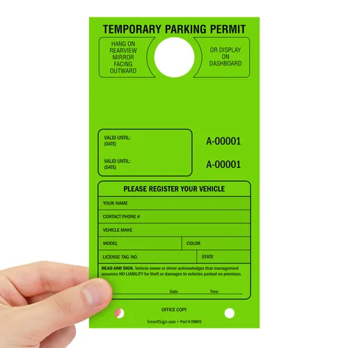 Miniatura 3 de SmartSign Etiqueta colgante de espejo "Permiso de estacionamiento temporal" Paquete de 50 Verde fluorescente Cartulina de 7.75 x 4.25 pulgadas