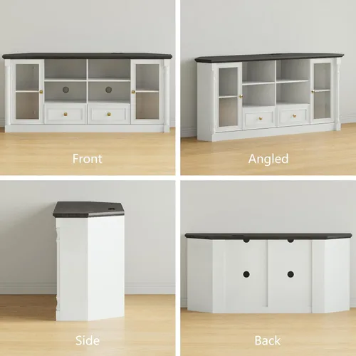 Miniatura 8 de Soporte esquinero de TV de granja para TV de 55 y 65 pulgadas, moderno centro de entretenimiento esquinero con toma de corriente, luces LED