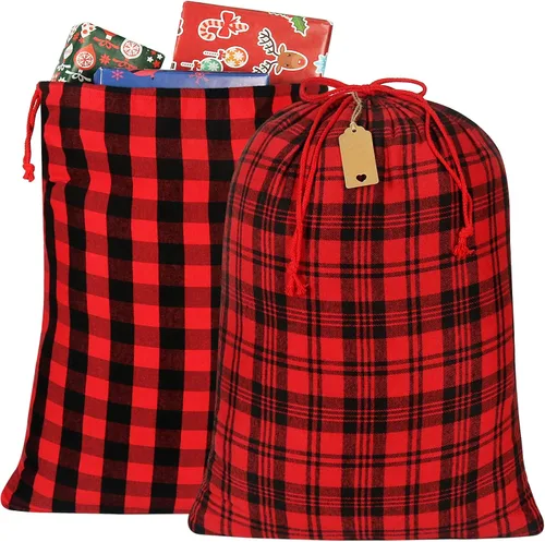 HRX Package 2 bolsas de algodón de Papá Noel, bolsas de Navidad de tela a cuadros de 28 x 20 pulgadas, bolsas de Navidad reutilizables con etiqueta