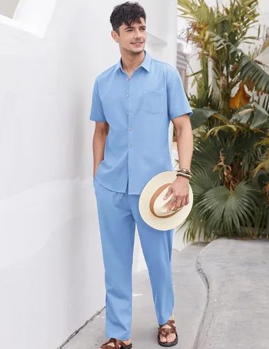 Miniatura 4 de COOFANDY Conjunto de 2 piezas de lino para hombre, conjunto de camisa y pantalón con botones para la playa
