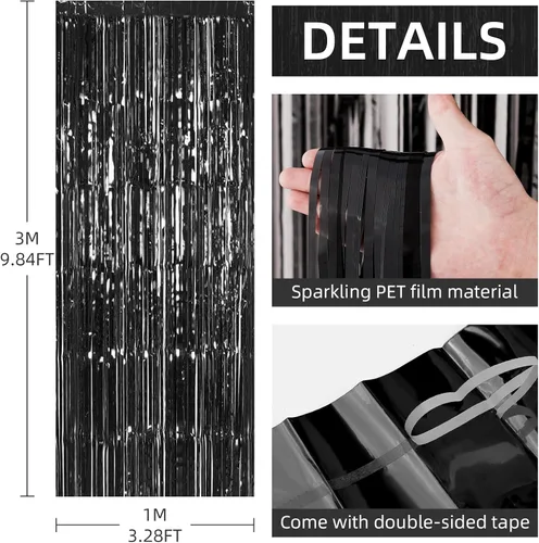 Miniatura 3 de Paquete de 12 cortinas de fondo de flecos de papel de aluminio, 3.28 x 9.84 pies, cortinas de flecos metálicos negros de oropel de papel de aluminio