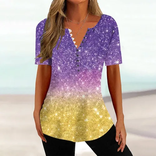 Miniatura 141 de Summer Shirts for Women 2025 Plus Size Short Sleeve Henley Tops Marble Floral Loose Tshirt Tee Casual Dressy Tunics