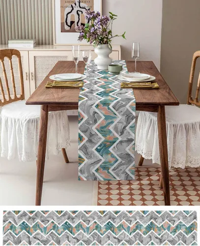 Miniatura 3 de Zigzi - Bufandas de mesa azules, textura de mármol a rayas grises de Zigzi, camino de mesa de comedor, decoración de mesa rectangular lavable