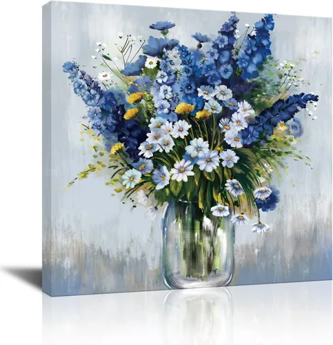 Miniatura 7 de Arte de pared de flores azules, impresión en lienzo floral azul marino, paisaje natural, arte de pared para sala de estar, dormitorio, pintura