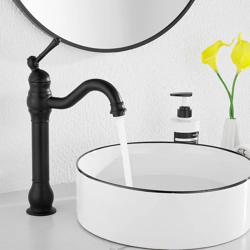 Miniatura 7 de Grifo de baño negro GGStudy con giro de 360°, de una sola manija y un agujero, grifo de fregadero de baño que coincide con el desagüe emergente