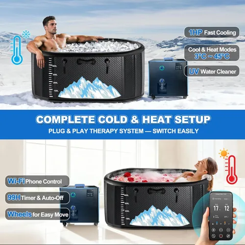 Miniatura 3 de Bañera de inmersión fría, 142 galones, 1 caballo de fuerza, bañera de hielo resistente para atletas con calor y frío, enfriador inflable portátil