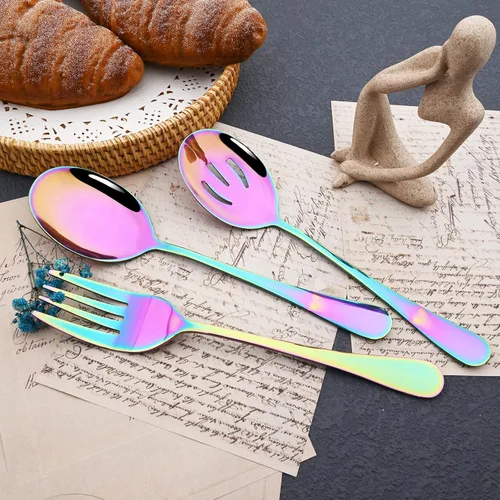 Miniatura 5 de JASHII Juego de cubiertos de 25 piezas con tenedor y cuchara con utensilios para servir para 4, cubiertos de acero inoxidable de grado alimenticio