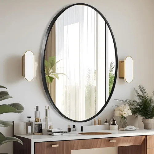 Miniatura 2 de Espejo de pared ovalado, espejo ovalado negro de 20 x 28 pulgadas, espejo de baño con marco de metal, espejo decorativo para pared montado