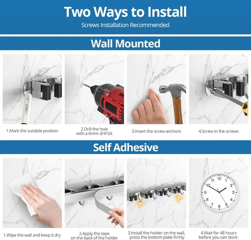 Miniatura 5 de Paquete de 2 soportes para escobas de montaje en pared, para fregona y escoba, organizador de herramientas de almacenamiento de acero inoxidable