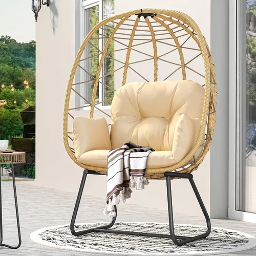 Yitahome Silla con Forma de Huevo con Soporte para Interior y Exterior, Silla de Lounging con Cojín, Silla de Mimbre de Ratán PE Incluye Silla para