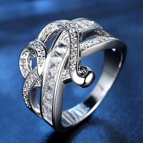 Miniatura 97 de Narica Anillo de 21 piedras chapadas en plata, apilables, corte redondo, zafiro azul, circonita cúbica, relleno de circonita cúbica, halo