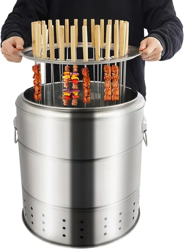 Miniatura 10 de Parrilla vertical 2 en 1 para ahumar, barbacoa de carbón portátil de acero inoxidable sin humo de 360°, para barbacoa al aire libre, campamento