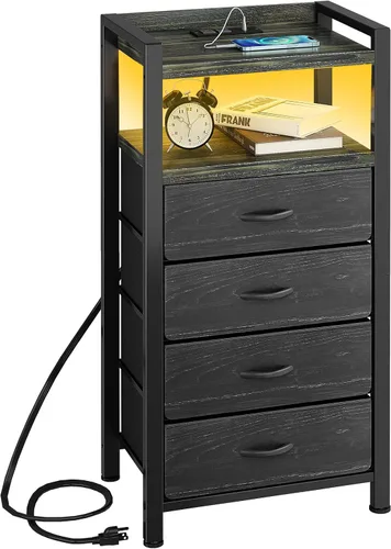 Kitstorack Mesita de noche con estación de carga y luz LED, mesita de noche negra con cajones, mesita de noche alta, 4 cajones de tela