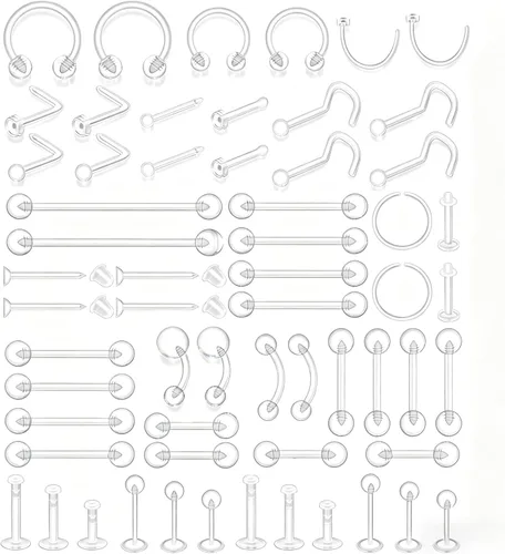 60 piezas de retenedores transparentes para cirugía, joyería de plástico Bioflex para pezón, lengua, nariz, tabique, cejas, cartílago, cartílago,