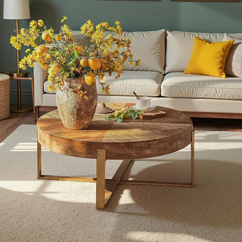 Miniatura 11 de Mesa de café redonda, mesa de café circular de madera de 35" con estante de almacenamiento, mesa central de 2 niveles para sala de estar