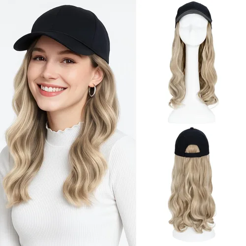 SEGO - Peluca de gorra con pelo adjunto para mujer, gorra negra de béisbol con extensiones de pelo, gorra de béisbol larga y ondulada con ajuste