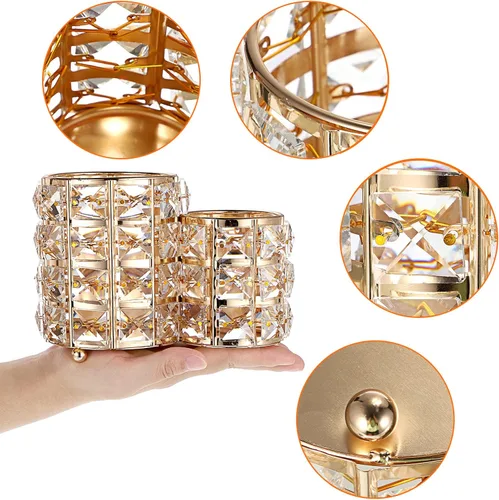 Miniatura 3 de Hipiwe Soporte para brochas de maquillaje, organizador de brochas de maquillaje de cristal dorado brillante, soporte redondo para control remoto