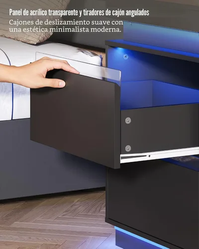 Miniatura 7 de WLIVE Mesita de noche negra con estación de carga y luces LED, mesita de noche con 2 cajones de madera y parte superior deslizante, mesa auxiliar