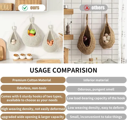 Miniatura 3 de Cestas de frutas colgantes de pared bohemias para cocina, paquete de 3, contenedor de productos tejido con 6 piezas de ganchos fuertes, cesta