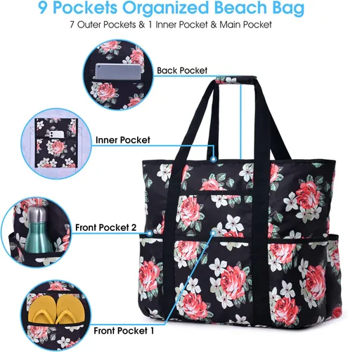 Miniatura 3 de Becokan Bolsas de playa para mujer, bolsa de playa grande con bolsillos con cremallera, bolsa de playa, impermeable, a prueba de arena, bolsa