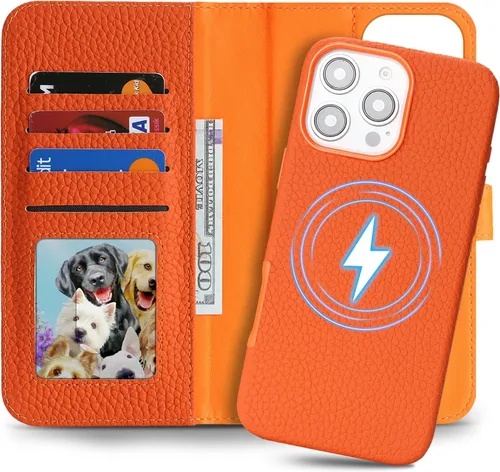 Miniatura 26 de Funda desmontable de piel auténtica para iPhone 13/14, funda magnética 2 en 1 extraíble, soporte de carga MagSafe, función de soporte para tarjetas