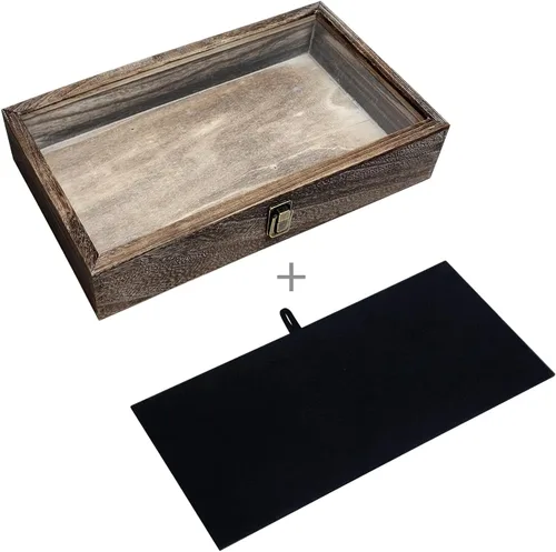 Miniatura 7 de MOOCA Vitrina de madera con tapa de cristal, vitrina de cuchillo de bolsillo con almohadilla de exhibición de joyería de terciopelo MDF de lujo