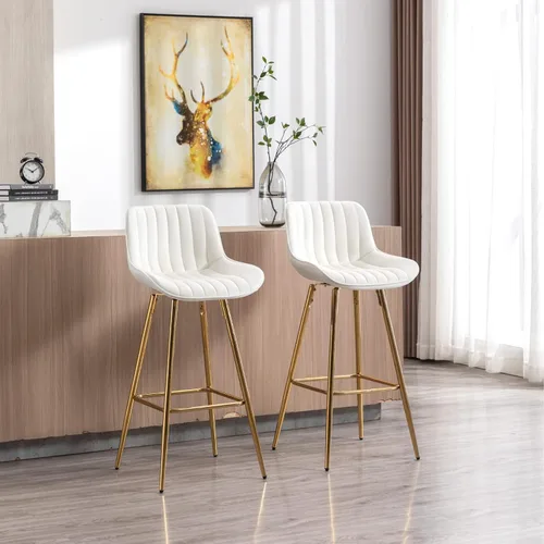 Miniatura 2 de CIMOO Juego de 2 taburetes giratorios de bar de terciopelo con patas doradas, sillas de bar de 30 pulgadas con respaldo, taburetes de bar beige