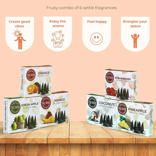 Miniatura 5 de Trumiri Conos de Incienso Frutales - Paquete de Variedad - Total 60 Conos de Incienso (6 Aromas x 10 Conos) - Fresa, Coco, Piña, Manzana, Mango