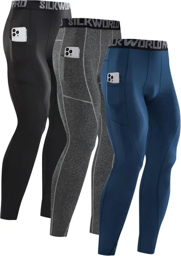 Miniatura 47 de SILKWORLD Paquete de 1 a 3 pantalones de compresión para hombre, con bolsillos, leggings de gimnasio y secado fresco