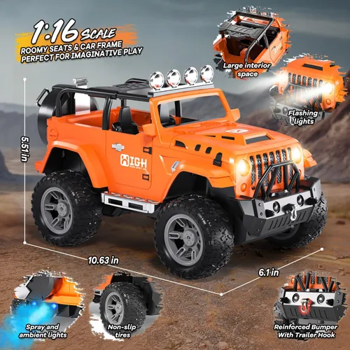 Miniatura 4 de Auto de control remoto 1:16 con aerosol, luces y sonido, Jeep de control remoto de 2.4 GHz para niños, todo terreno, todoterreno, Jeep RC, juguete